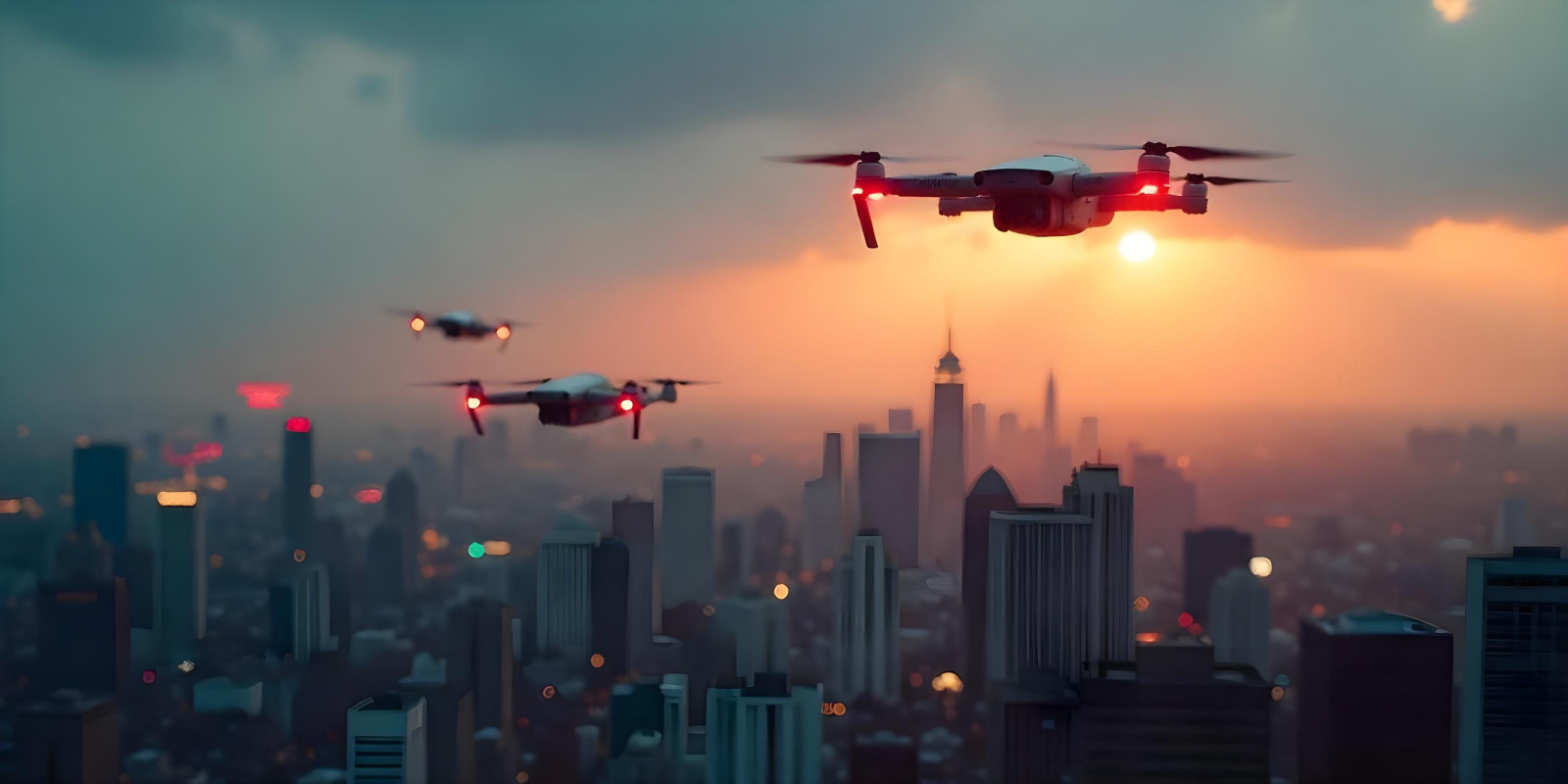 Group of three drones flying above large city