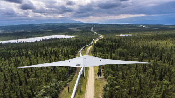 A BVLOS operating VTOL drone is monitoring a gas pipeline that runs through Canadian forests and mountains