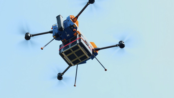 An Eurofins X25 drone takes off to deliver medical lab samples.